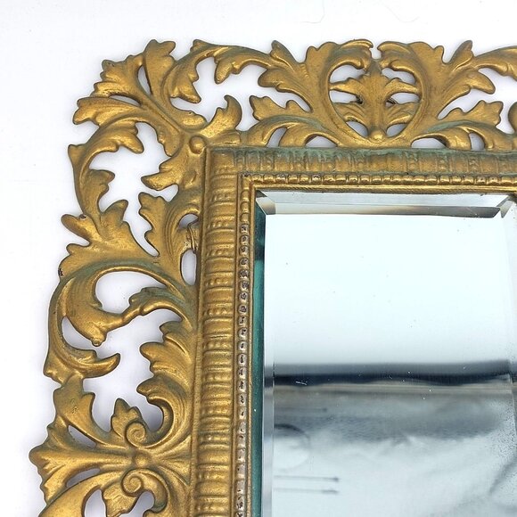 Vintage Cast Iron Ornate Rectangular Wall Mirror With Leaf Design 9.75" X 13.75" - Picture 5 of 5